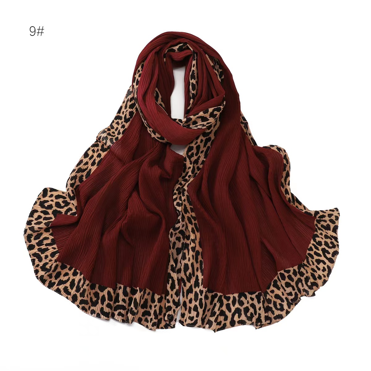 T772 autumn and winter solid color leopard print edge wrinkled cotton and linen long scarf soft breathable pleated headscarf scarf shawl