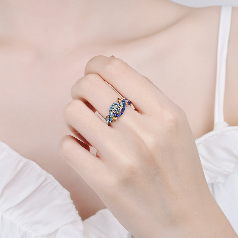 925 Sterling Silver Moissanite Ring with Colorful Blue and Orange Gemstones - Elegant Design, 0.5ct Main Stone
