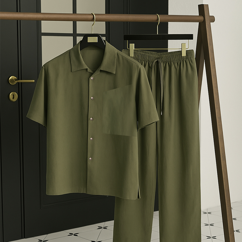Men's Business Casual Lyocell and Linen Short-Sleeve and Long-Pants Leisure Suit/Smart Short-Sleeve & Long - Pants Set/Business-to-Leisure Lyocel