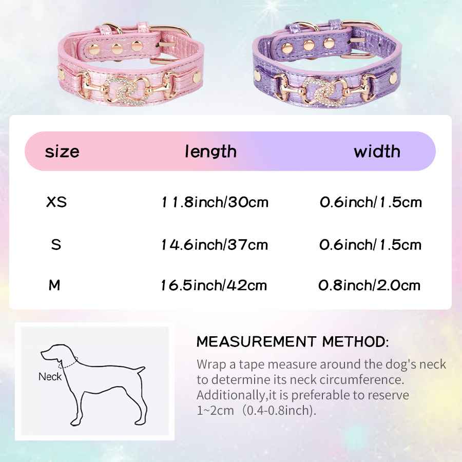 Luxury Unique Material Sparkle PU Leather Dog Collar, Adjustable Puppy Cat Collar with Rhinestone Heart Decoration for Small Medium Dogs S B118