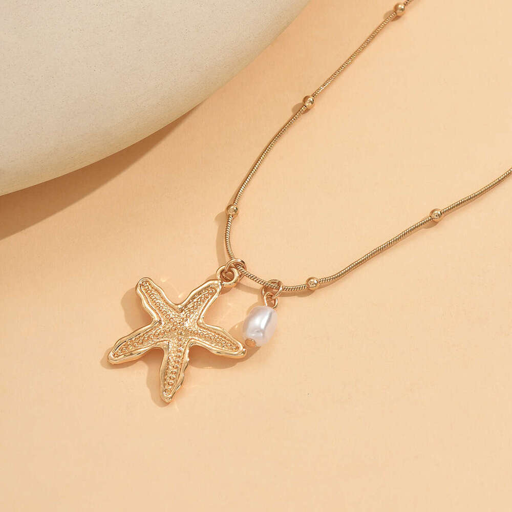 Fashion Jewelry - Ocean Elements Starfish Simulated Pearl Pendant Necklace, Versatile Zinc Alloy Collar Necklace for Women