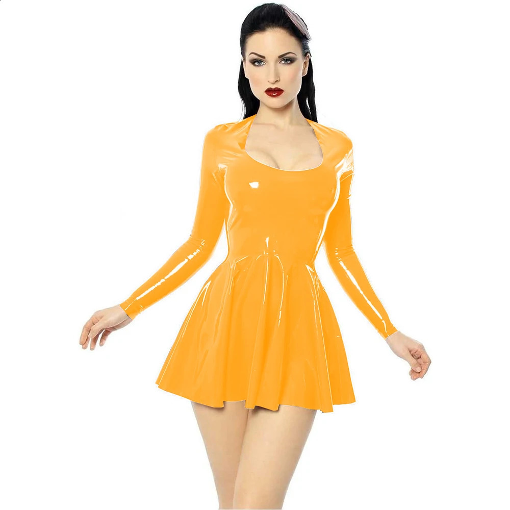 Plus Size Mini Dress A Line PVC U Neck Skater Short Dress Long Sleeve Bodycon Pleated Dresses Club Slim Leather Clothing 250521