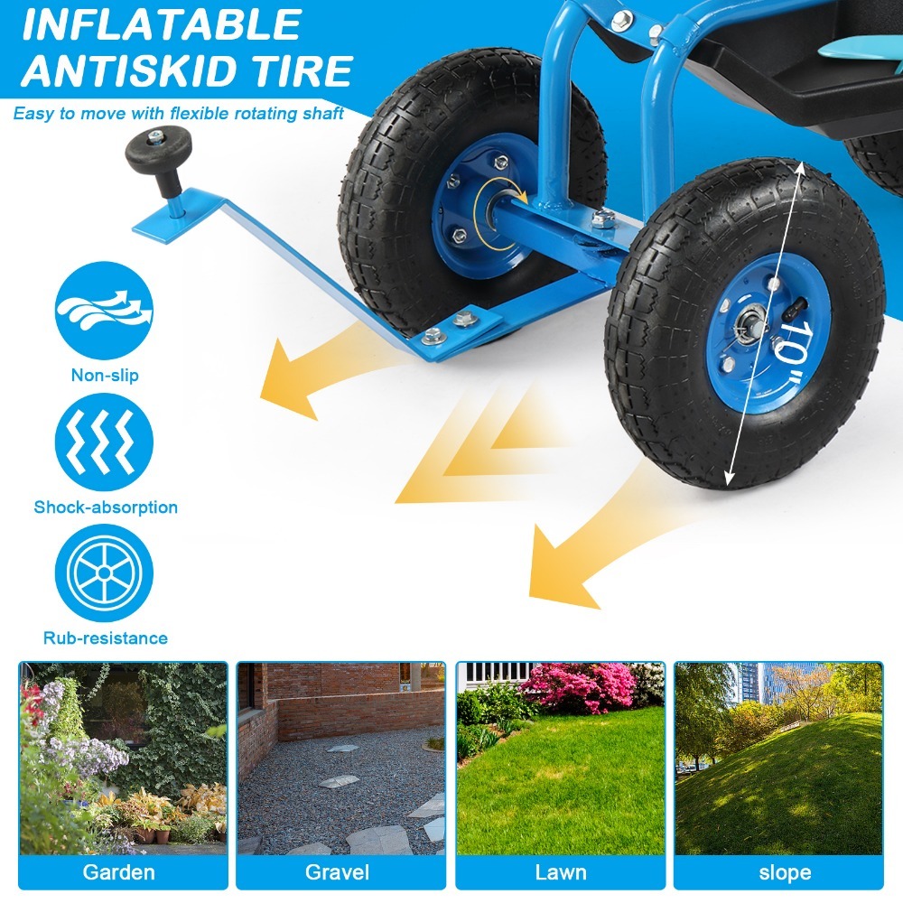 Rolling Garden Work Seat with Wheels, Gardening Stool for Planting, Garden Scooter with 360 Degree Swivel Seat , Steering Handle , Tool Tray, Blue