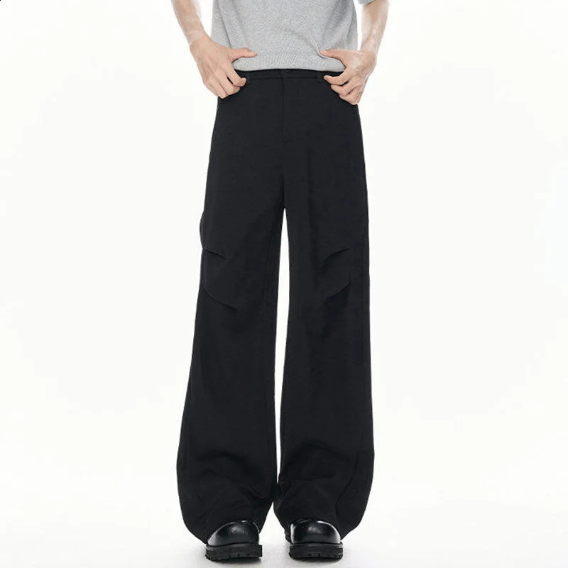 FEWQ Korean Style Mens Suit Pants Solid Color Ice Silk Pleated Casual Bottom Drape Wide Leg Loose Male Trousers 24K4297 250521