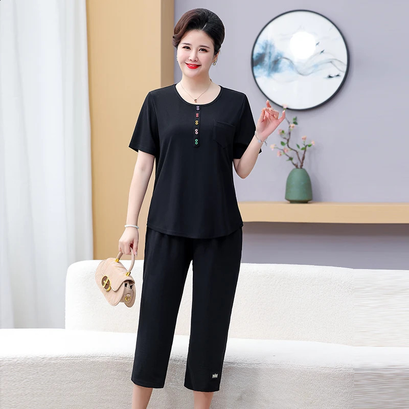 Button Decoration Minimalist TopPants Set Summer 2025 Plus Size Round Neck Straight Tube Short Sleeved Tshirt Commuting Casual 250516Z