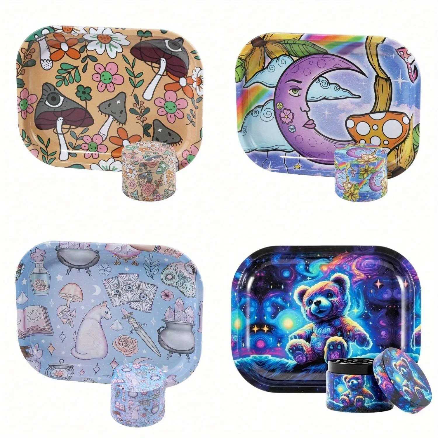 2 Pieces Kitten Bear Floral Mushrooms The Magic World Grinder and Rolling Tray Combo Y250521