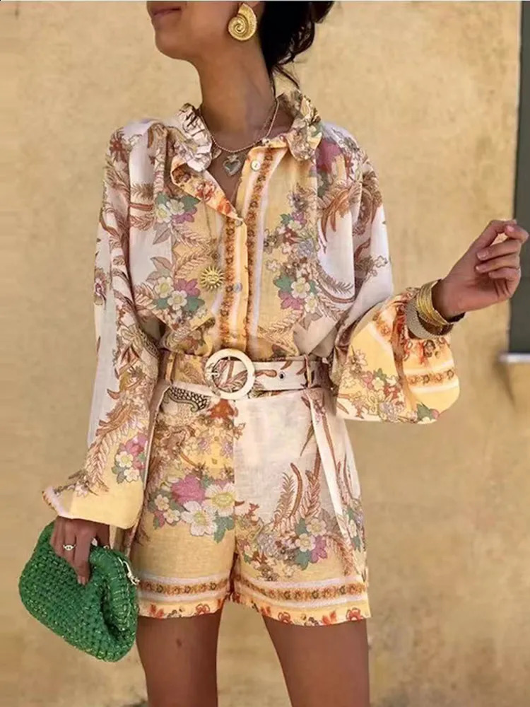 Women Printed Shirt Short Skirt 2 Piece Sets Full Sleeved Button Up Loose Top Lace Up Mini Skirts Summer Vacation Casual Suits 250519