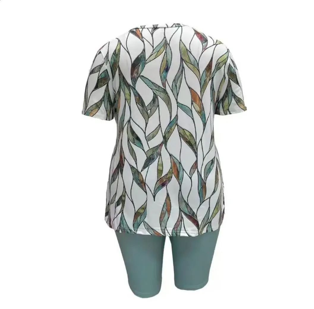 Plus size womens fashion casual holiday short sleeve set top with leaf print and solid color bottom 250516Z