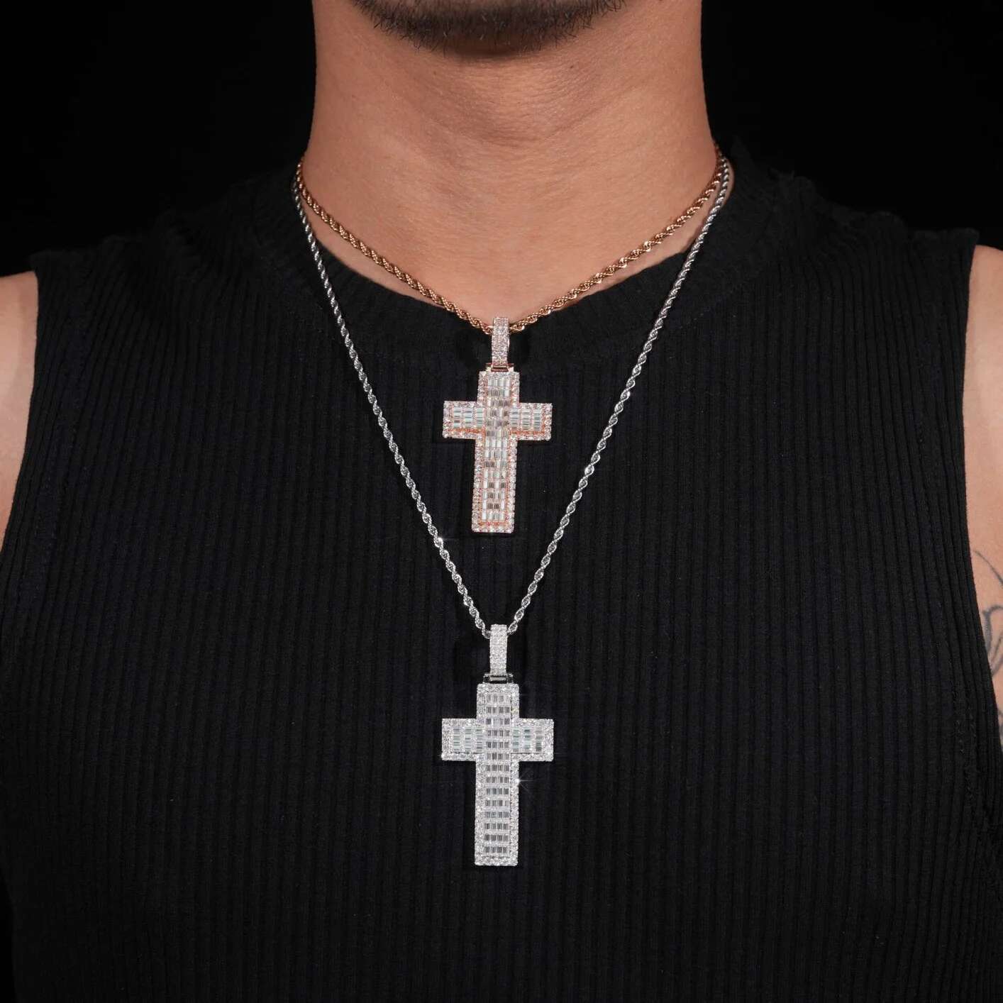 Hiphop Iced Out D Color Baguette Cut Moissanite Cross Pendant 925 Sterling Silver Religious Cuban Pendant Pass Diamond Tester
