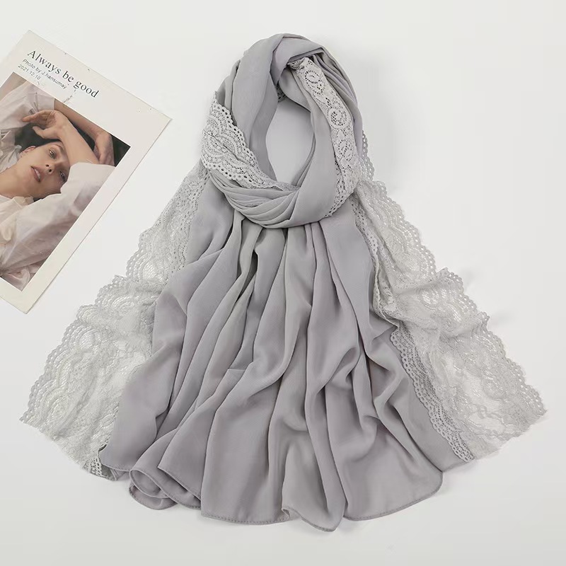 T777 new pearl chiffon bubble scarf lace Malay Indonesian ladies long scarf solid color simple all-match headscarf