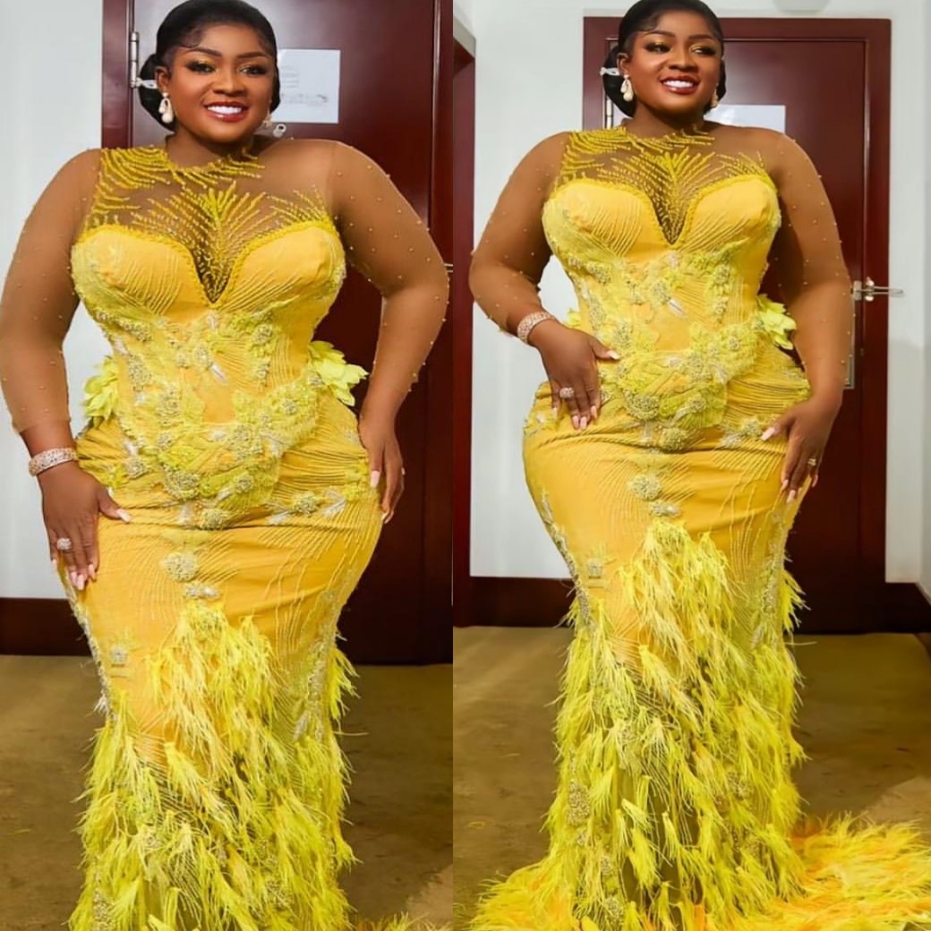 Mermaid Yellow Plus Size Prom Dresses 2025 Lace Beaded Feather Evening Formal Party Second Birthday Engagement Gowns Dress For Special Occasions ZJ483