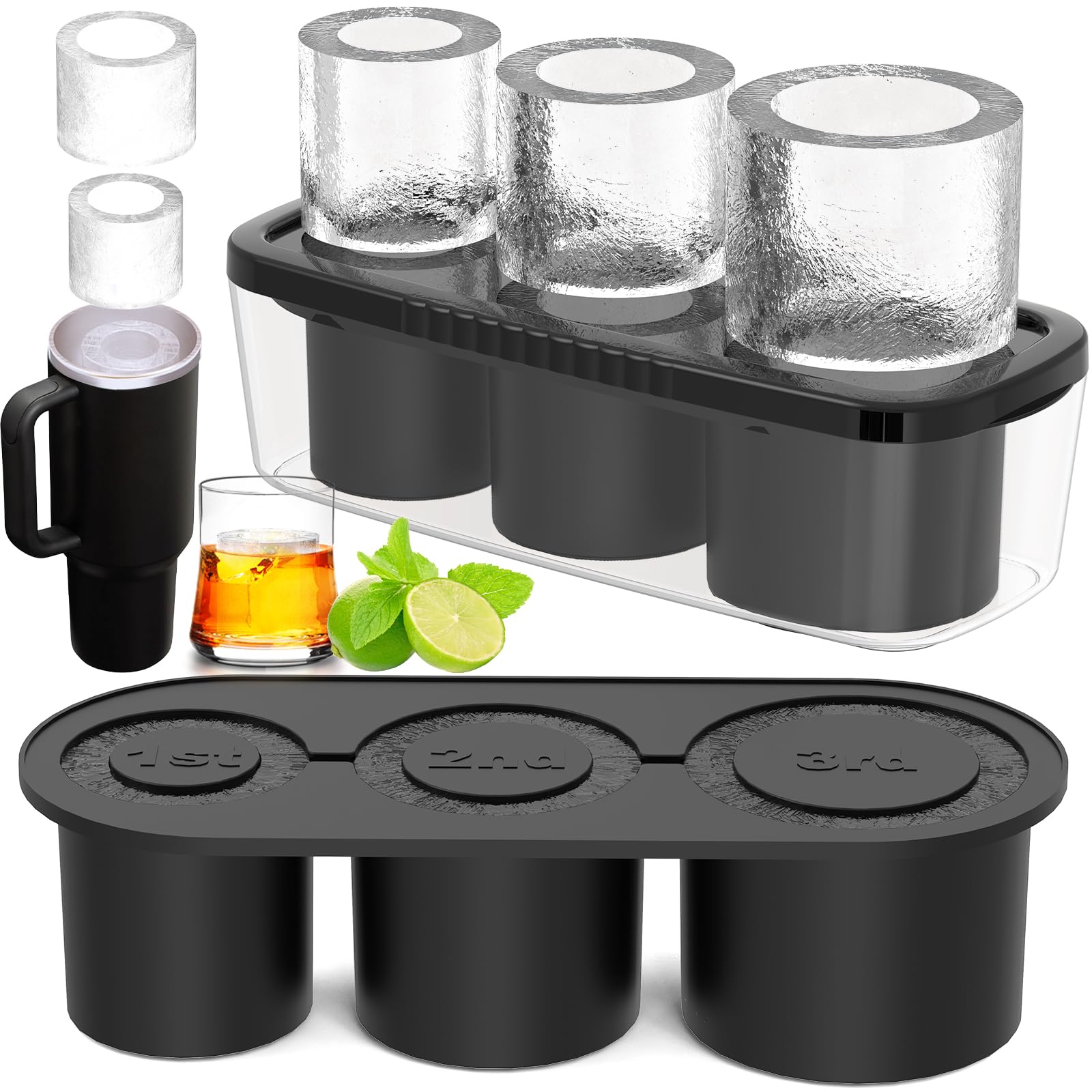 Ice Cube Tray For Stanley Cup with Lids - Round Tube Ice Trays for Whiskey Large Capacity for Silicone Ice Maker Reusable Cocktail Beverage Coffee Ice