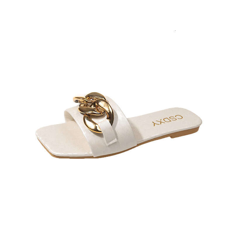 2025 Summer Metal Chain Casual One Word Cool Slippers 35-42 Large Flat Bottom Outdoor Casual Slippers Fashion Designer Sandals