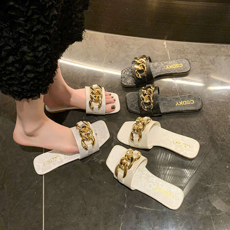 High Quality Light Luxury Casual Printed Metal Buckle Flat Slippers Designer Sandals 2025 New Spring Sandals Large Size Beach Wear Resistant Straight 