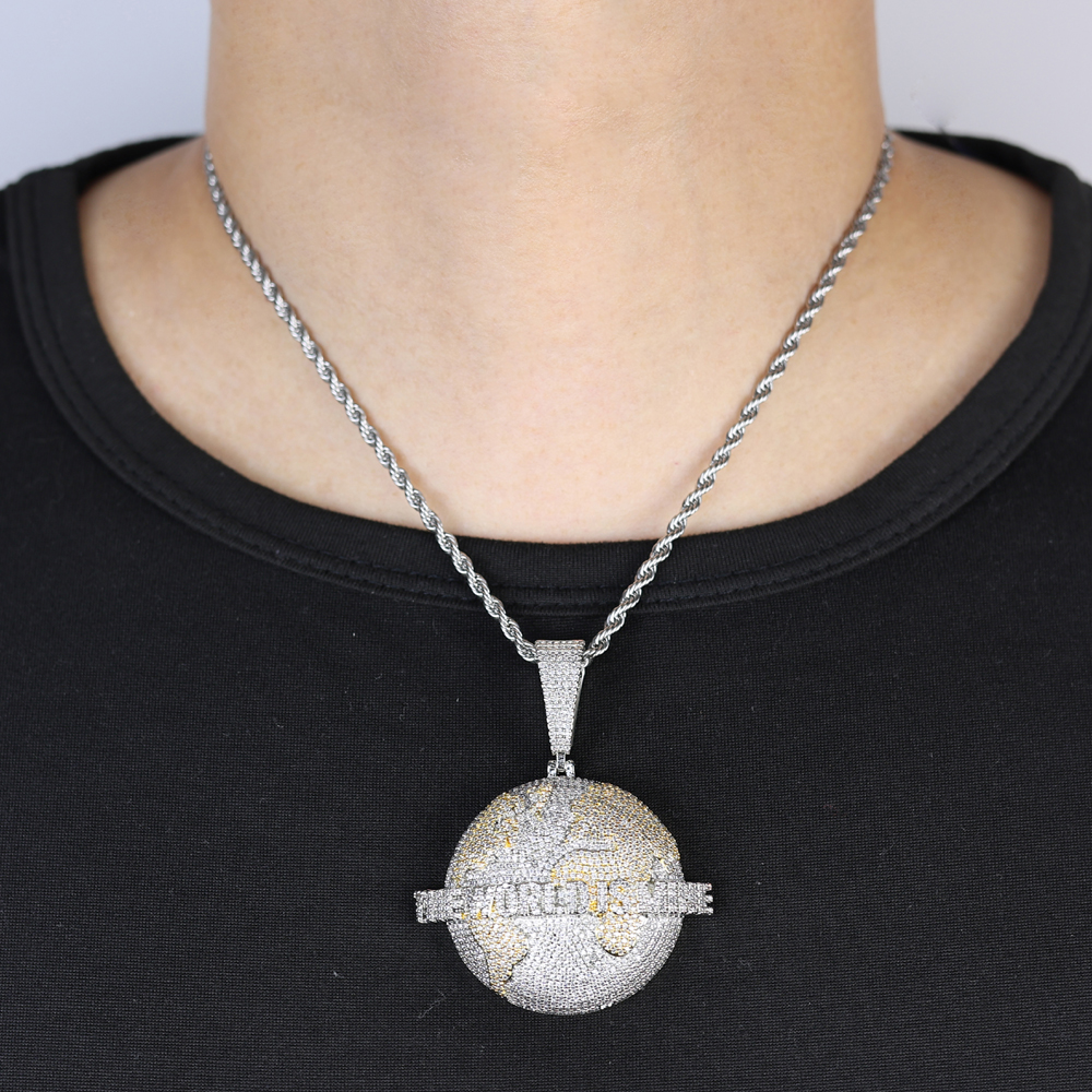 sdzstone Hip Hop Round Shaped Map Pendant Necklace with Rope Chain Bling Cubic Zirconia Paved Fashion Charm Men Women Jewelry
