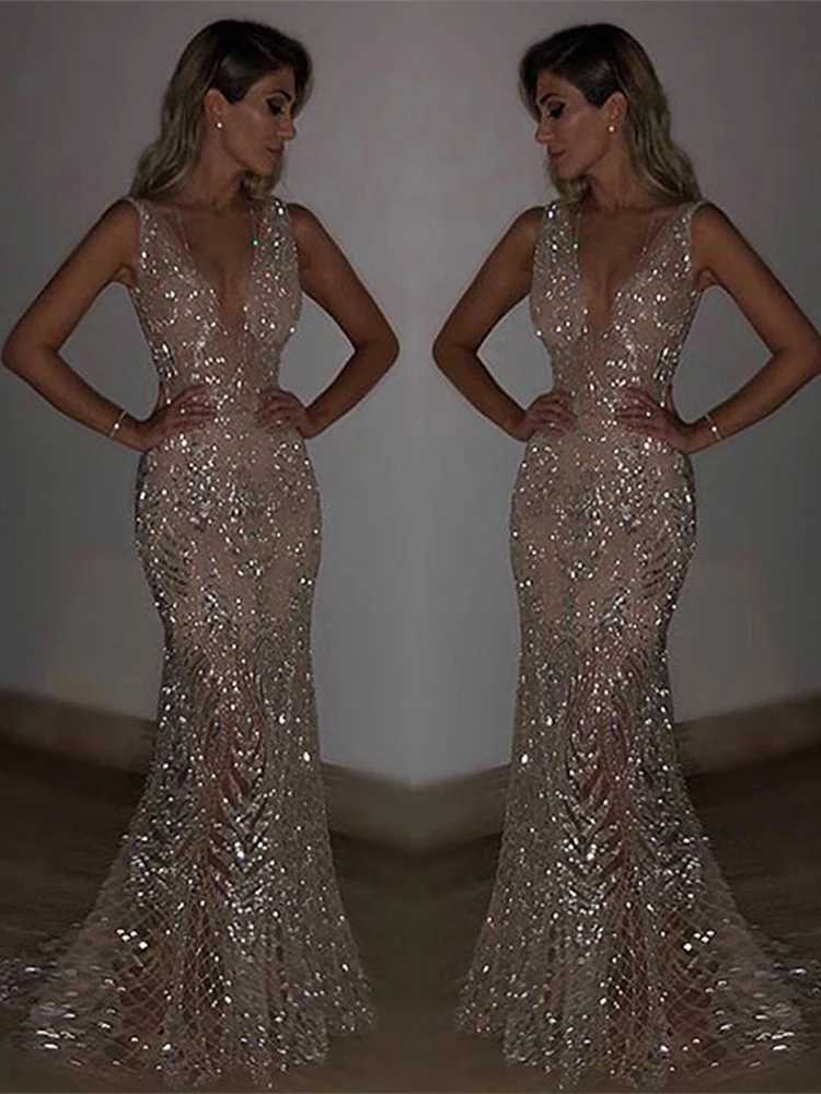 Shiny Sequin V Neck Maxi Dresses Women Elegant Slimming Backless Short Sleeved Long Dress Lady Gold Silver Party Evening Robes M250522