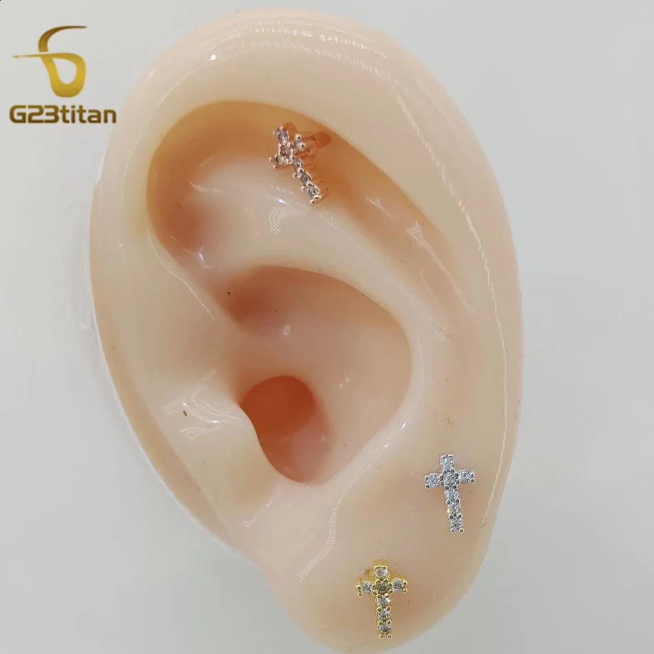 G23titan 1pc Shiny Zircon Gold Silver Color Studs Ear For Women Geometric Cross Earrings Cartilage Tragus Piercing Ear Jewelry 250521
