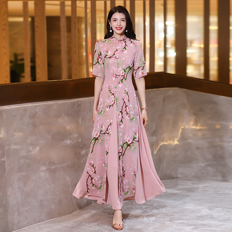 High Elegance Womens Short Printed Chiffon Cheongsam Maxi Dress for Summers