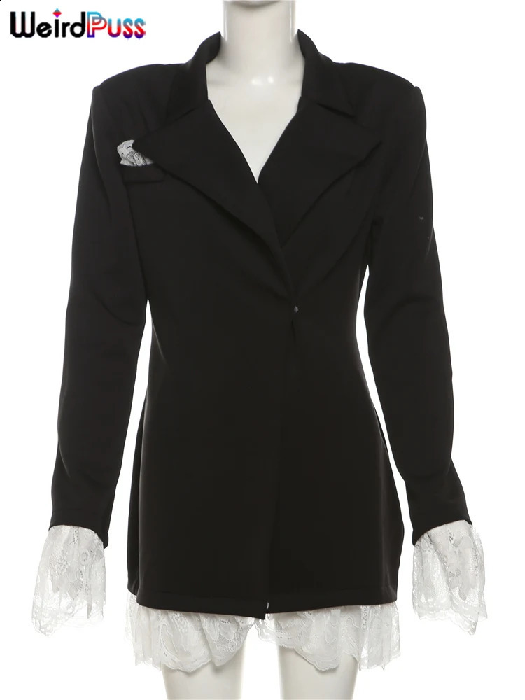 Weird Puss Lace Hem Blazers Dress Women v-Neck Full Sleeve Autumn Trend Pocket Office Streetwear Elegant Simple Mini Bodycon 250517