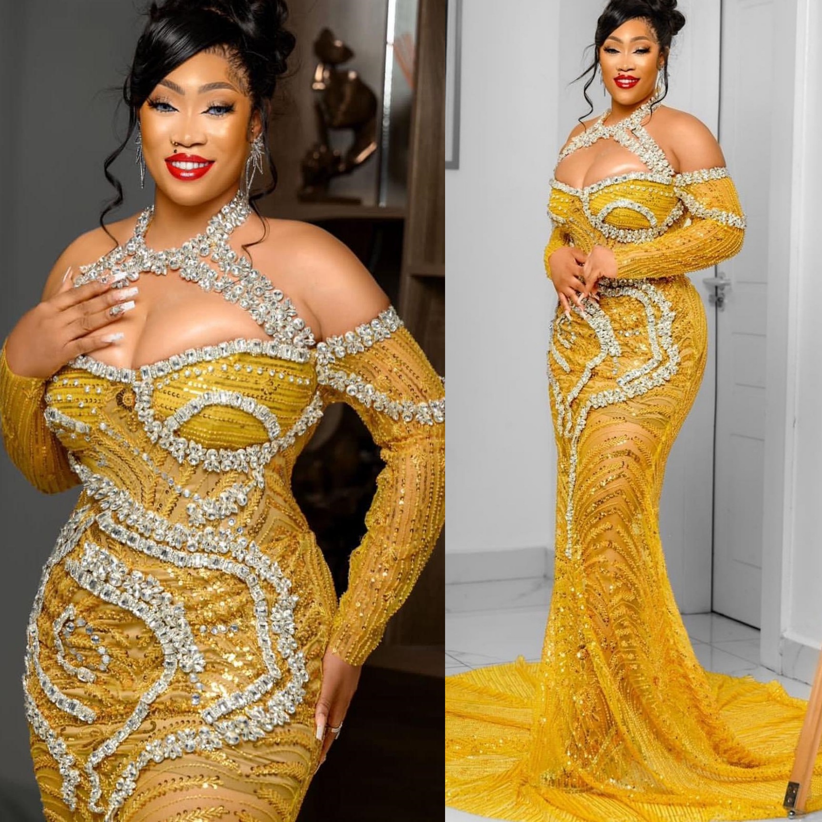 Mermaid Yellow Plus Size Prom Dresses 2025 Crystals Sequined Halter Evening Formal Party Second Birthday Engagement Gowns Dress For Special Occasions 