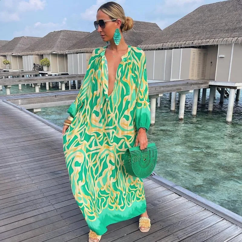 Elegant Womens Maxi Dresses Summer Casual Fashion Retro Print V Neck Loose Boho Long Vacation Beach Dress Female Robes 250519CJ