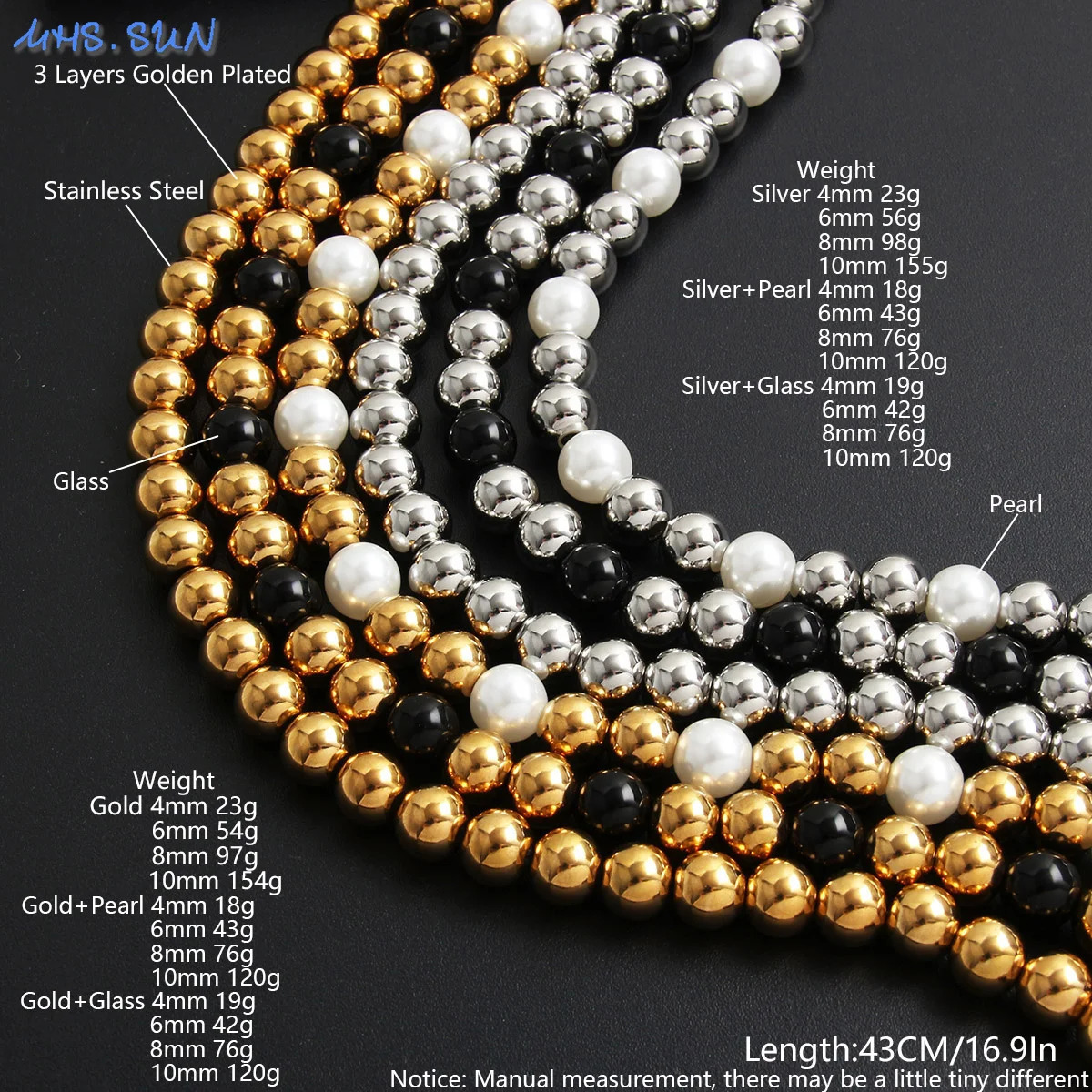 MHS.SUN Fashion Stainless Steel Gold Color Ball Beaded Pearl Necklace 4/6/8/10MM Metal Beads Adjustable Jewelry for Women Men 250522