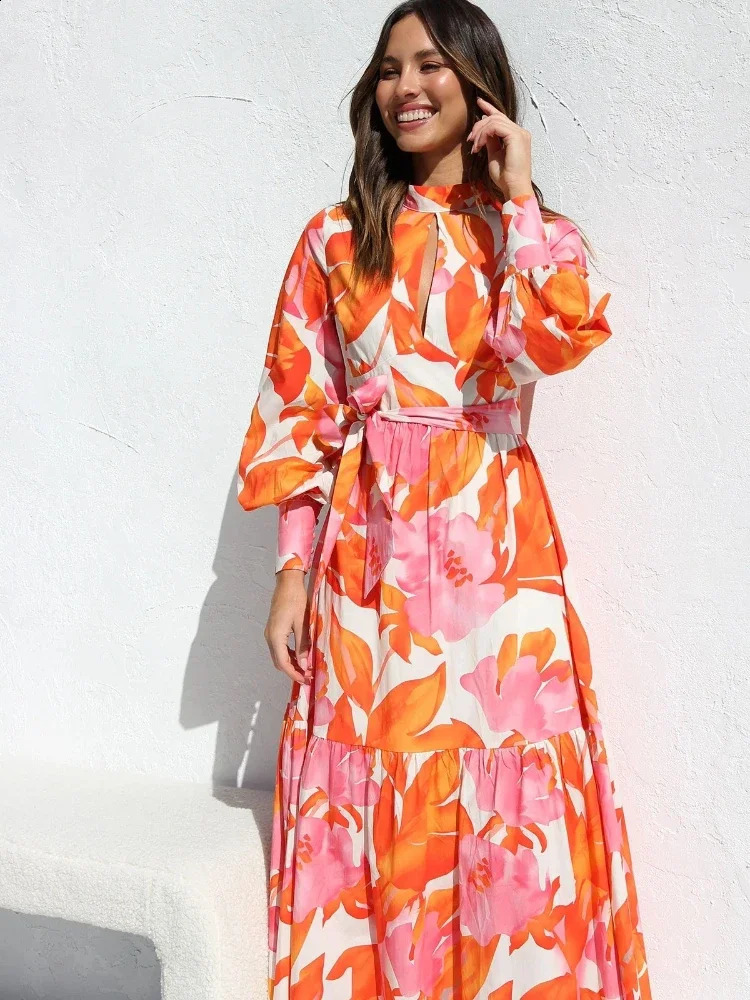 Summer Fashion Womens Elegant Temperament Dress Round Neck Long Sleeve Bohemian Printed A-line Large Swing Long Dress 250519CJ