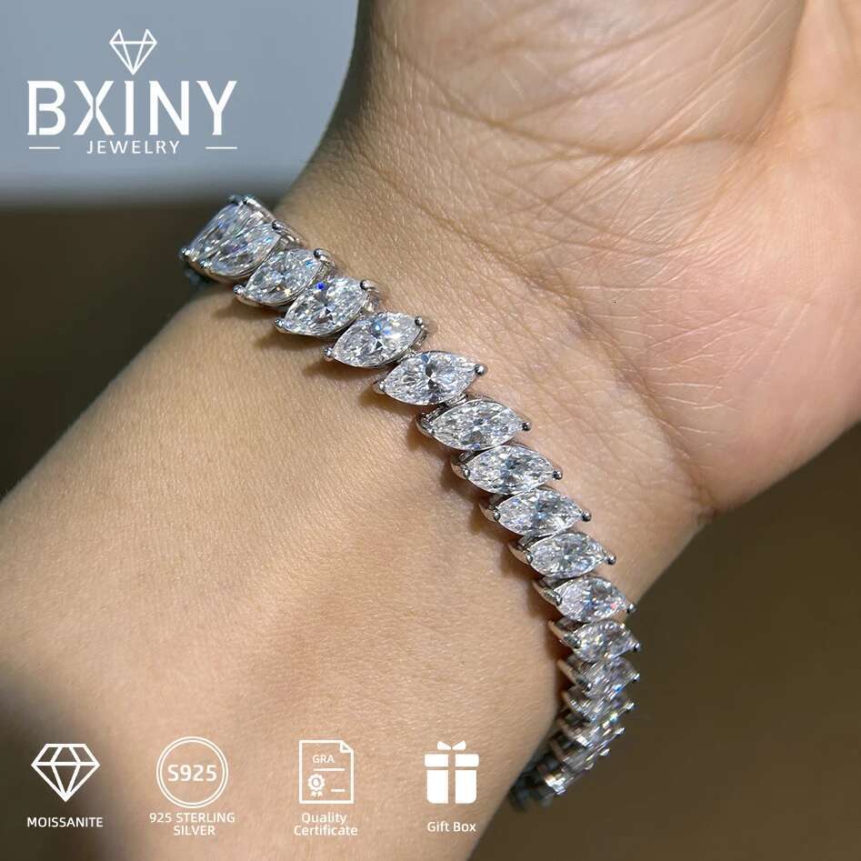 BXINY Luxury Marquise Cut All Moissanite Tennis Bracelet 100% S925 Silver for Women Lab Diamond Hand Chain Gift Jewelry with GRA