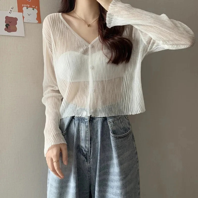 Rimocy Summer V Neck Cardigan Women Casual Transparent Sweater Shirts Woman Simple Thin Solid Color Outwear Female Crop Top 250516