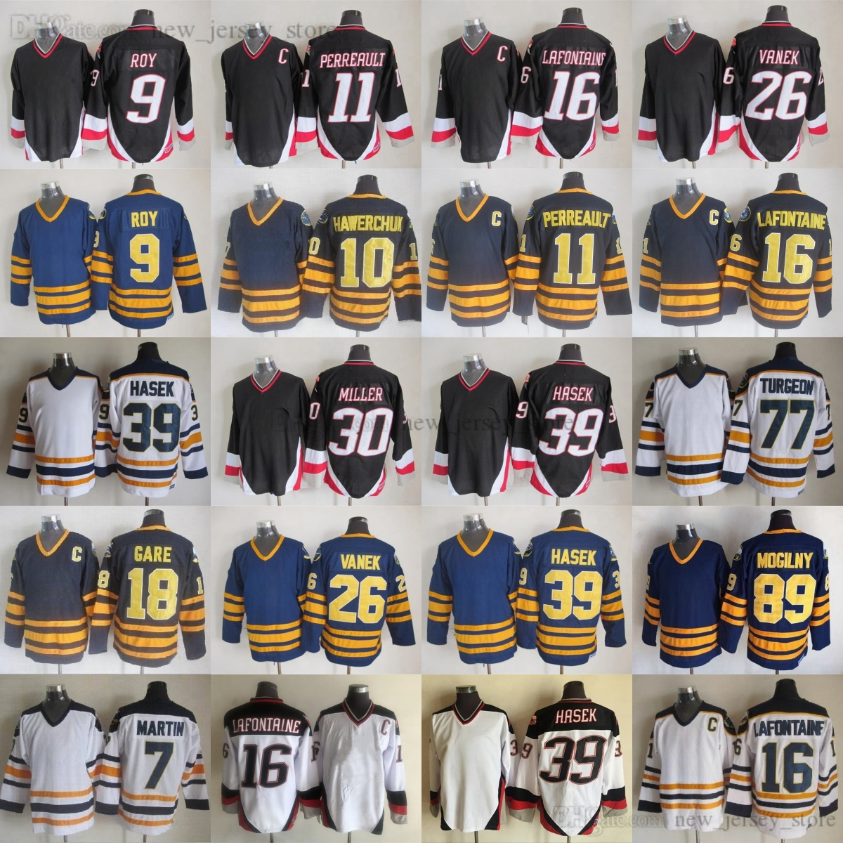 Vintage CCM Hockey 39 Dominic Hasek Jersey Classic Throwback 16 Pat LaFontaine Gilbert Perreault Rick Martin Derek Roy Danny Gare Pierre Turgeon Thoma Vanek Miller