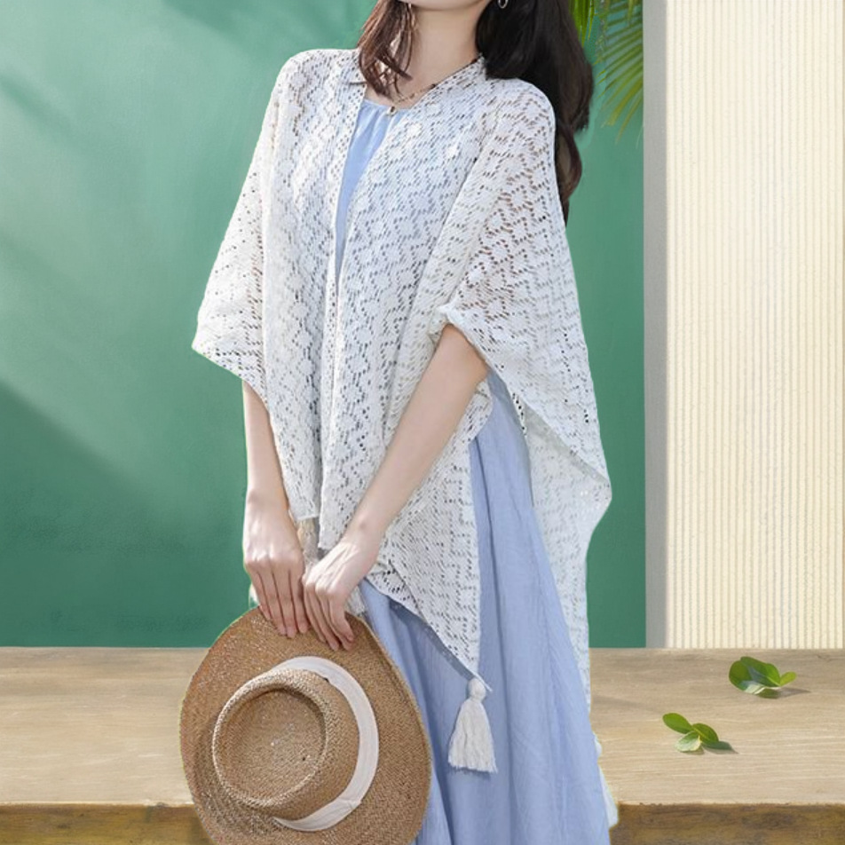 K799 Summer new all-match thin shawl women's knitted hollow tassel fashionable outer cheongsam white cape trend