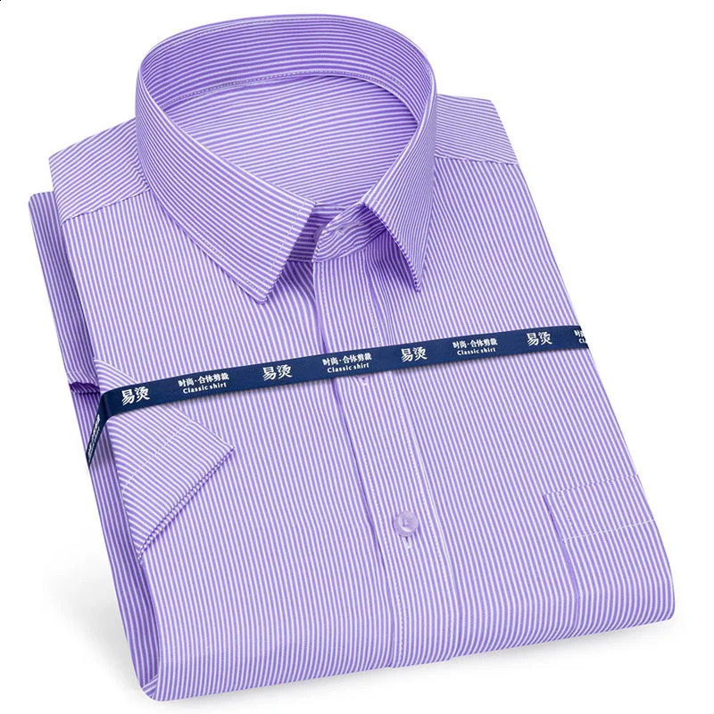 Mens Short Sleeve Shirt Business Casual Classic Plaid Striped Checked Male Social Dress Shirts Purple Blue 5XL Plus Large Size y250519