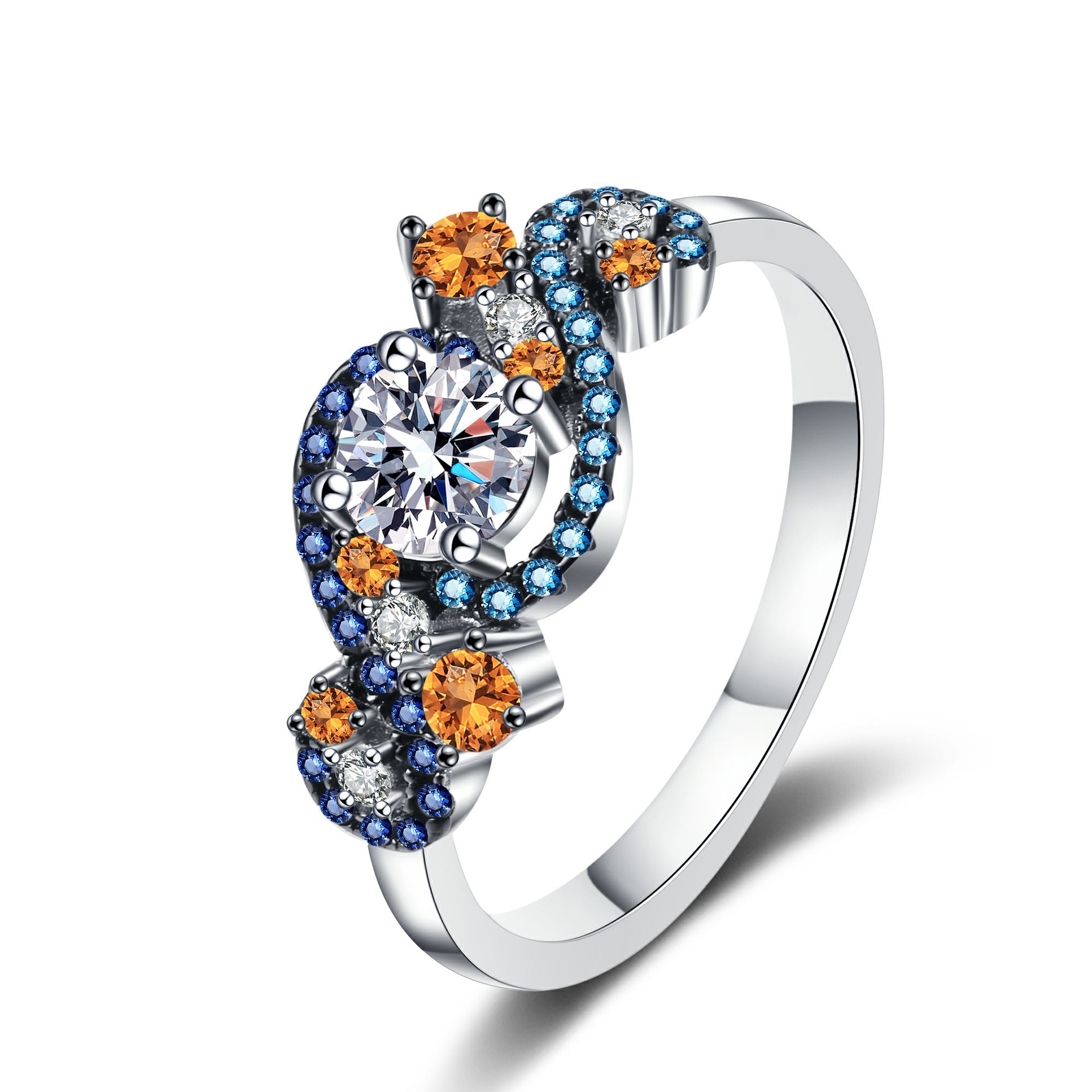 925 Sterling Silver Moissanite Ring with Colorful Blue and Orange Gemstones - Elegant Design, 0.5ct Main Stone