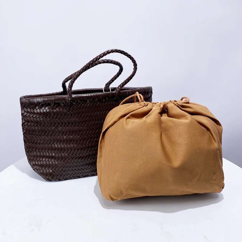 Handmade Weave PU Drawstring Tote Bags For Women Designer Handbags Purse New In Vintage With Inner Pocket Shoulder