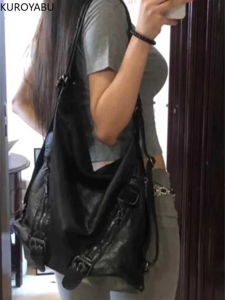 Leather Black Y2k Women Shoulder Bag Vintage Punk Goth Fashion Designer Pu Tote Bag Large Capacity Backpacks Motorcycle Handbag W250522