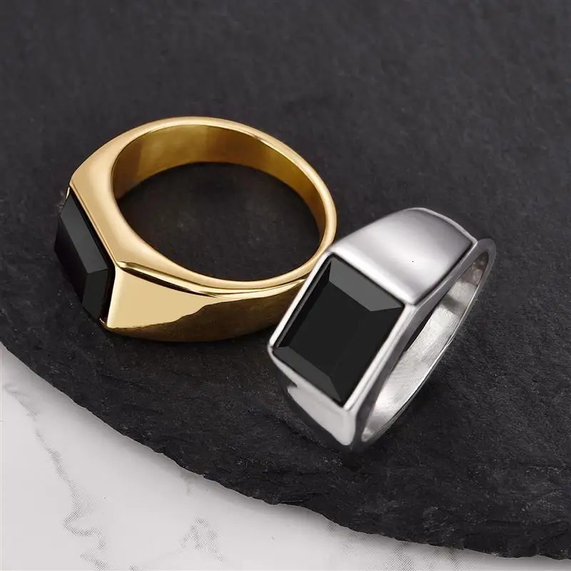 Trend Gold Color Geometric Black Stone Ring Stainless Steel Minimalist Fine Jewelry For Men Women Party Gift 250522