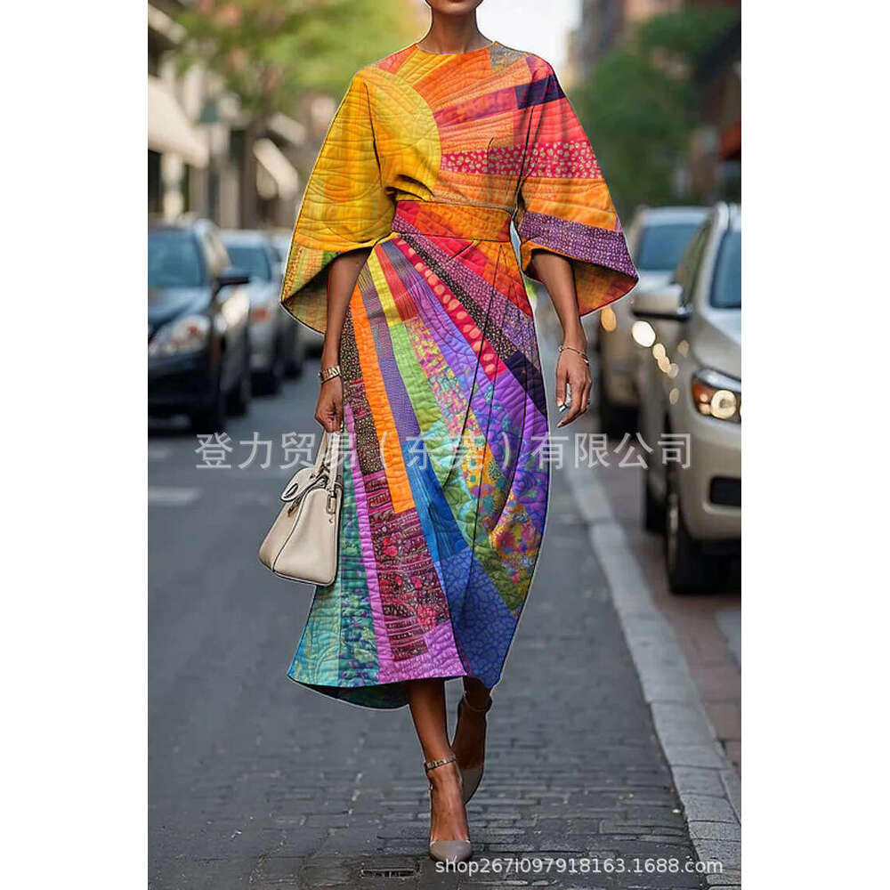 2025 Seven Cent Bat Sleeve Long Dress Abstract Irregular Art Elements Digital Printing