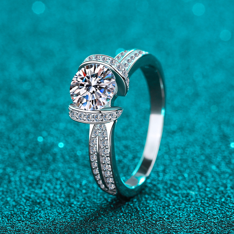 925 Sterling Silver Ring with Moissanite Center and Full Diamond Accent, Elegant Engagement Ring for Women