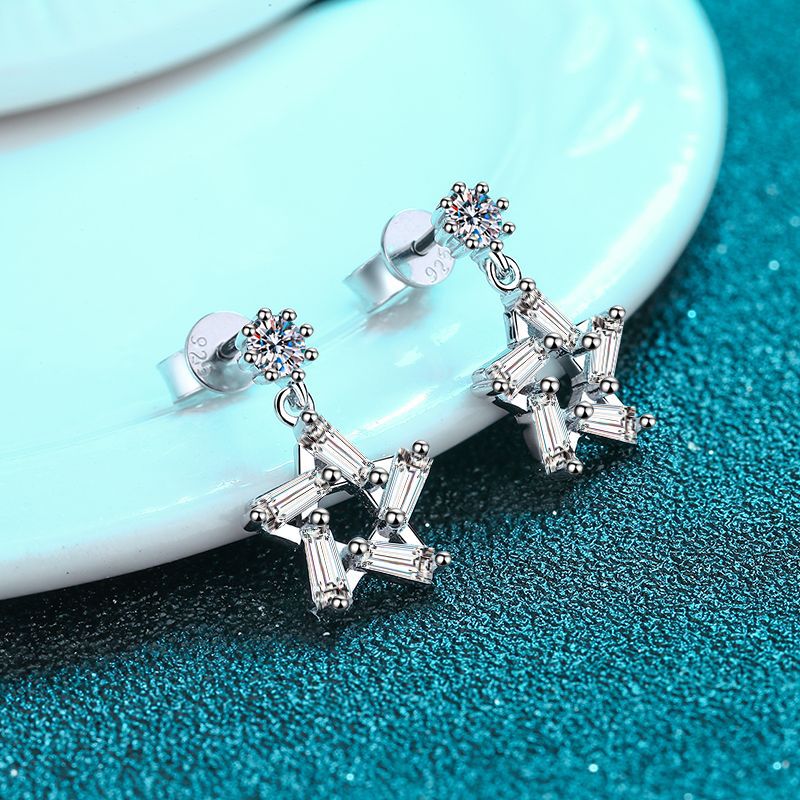 925 Sterling Silver Moissanite Geometric Star Earrings for Women, Elegant and Sparkling, Perfect for Daily Wear or Special Occasions.