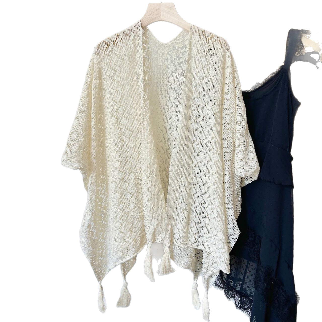 K789 Summer new 2025 all-match thin shawl women's knitted hollow tassel fashionable outer wear cheongsam white cloak trend