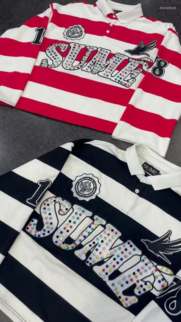 Men's Polos Sume Striped Shirts Men Women Hip Hop Rhinestone Embroidery Polo Shirt Y2k Harajuku Fashion Long Sleeve T Streetwear