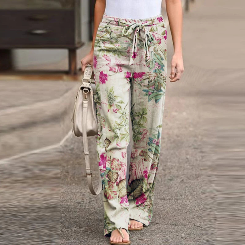 Vintage Women Drawstring Trousers Spring Autumn Fashion Floral Printed Wide Leg Pants Ladies Casual Loose Long Pantalones 250522Z