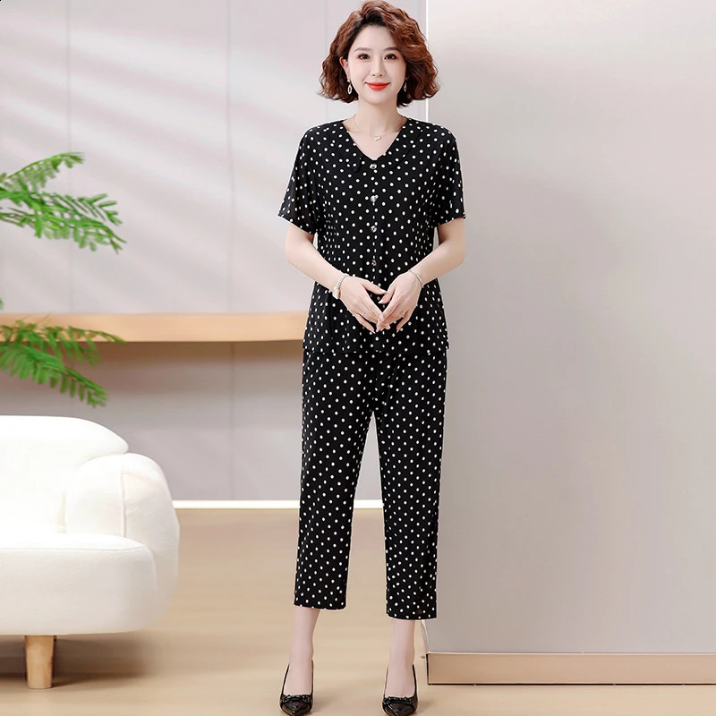 Summer Leisure Ice Silk Set Indoor Comfortable Tshirtpants Natural Aesthetics Plus Size 2025 Loose Pajamas 250516Z