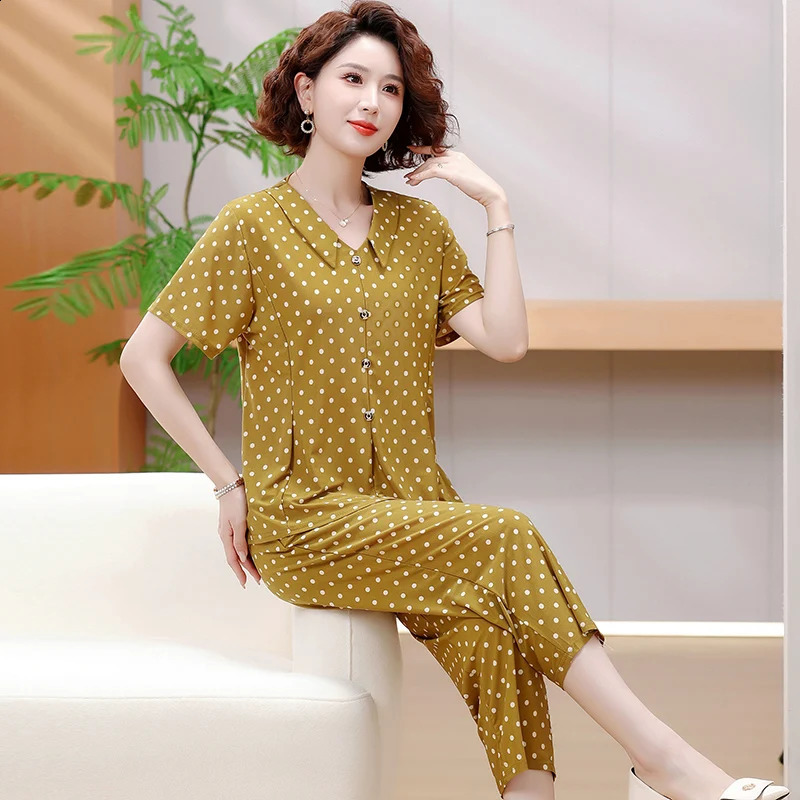 Summer Leisure Ice Silk Set Indoor Comfortable Tshirtpants Natural Aesthetics Plus Size 2025 Loose Pajamas 250516Z