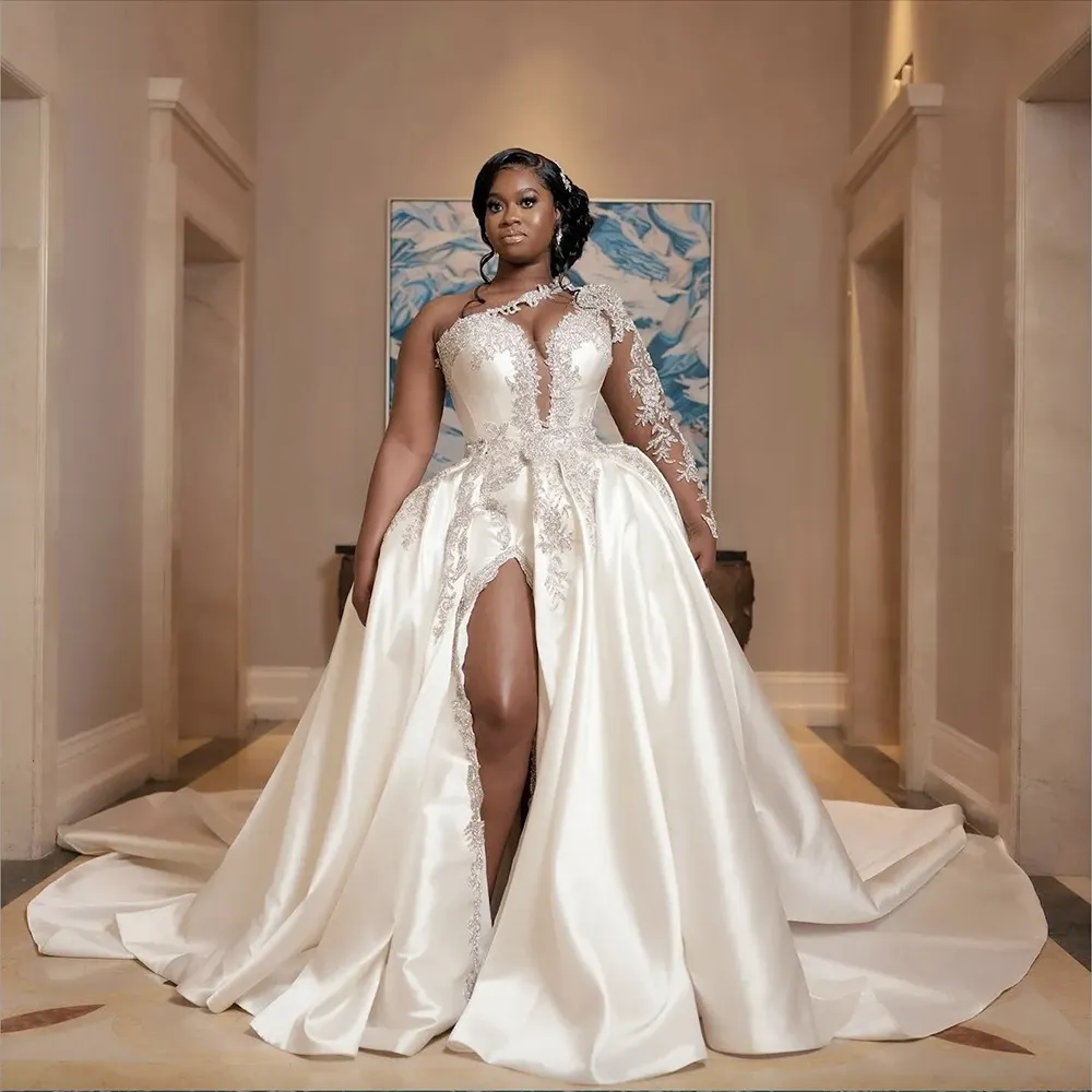 Sexy Beadings Long Sleeves Wedding Dresses African Black Girl A Line Side Split Bridal Gowns Aso Ebi Plus Size Robe de Mariee Plus Size