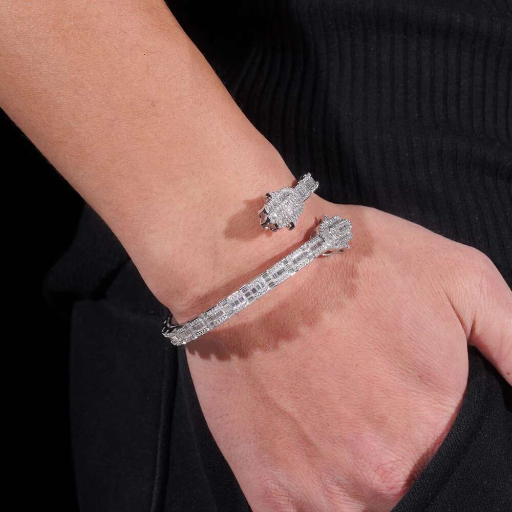Hiphop Iced Bling Baguette Cut Moissanite Hamsa Hand Cuff Bangles 925 Sterling Silver Fatima Bracelets Pass Diamond Tester Gift