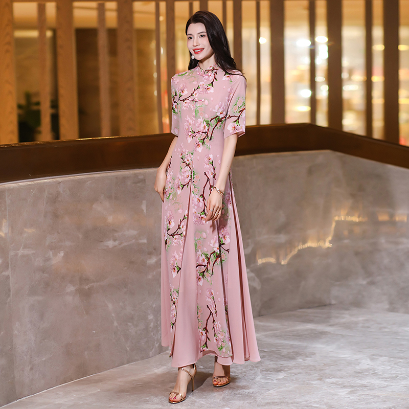High Elegance Womens Short Printed Chiffon Cheongsam Maxi Dress for Summers