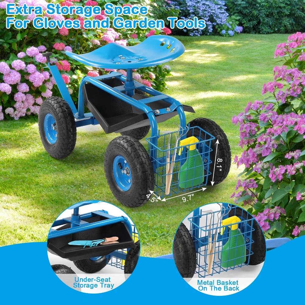 Rolling Garden Work Seat with Wheels, Gardening Stool for Planting, Garden Scooter with 360 Degree Swivel Seat , Steering Handle , Tool Tray, Blue