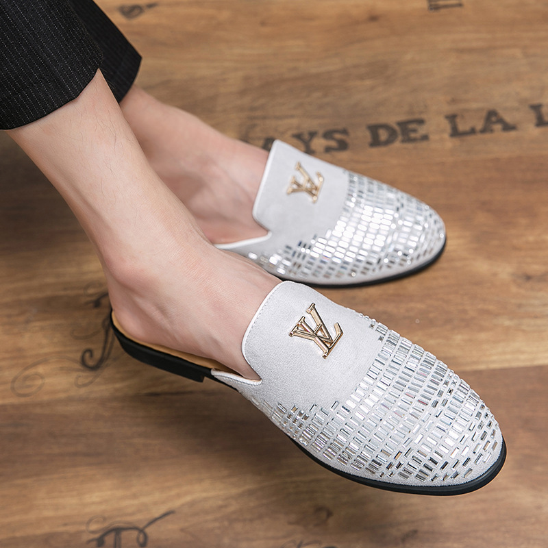 2025 Summer New Arrival Mens Shiny Diamond Casual Leather Shoes Simple Versatile Rhinestone Slip On Backless Large Sizes 38-48 Black White Free Shippi