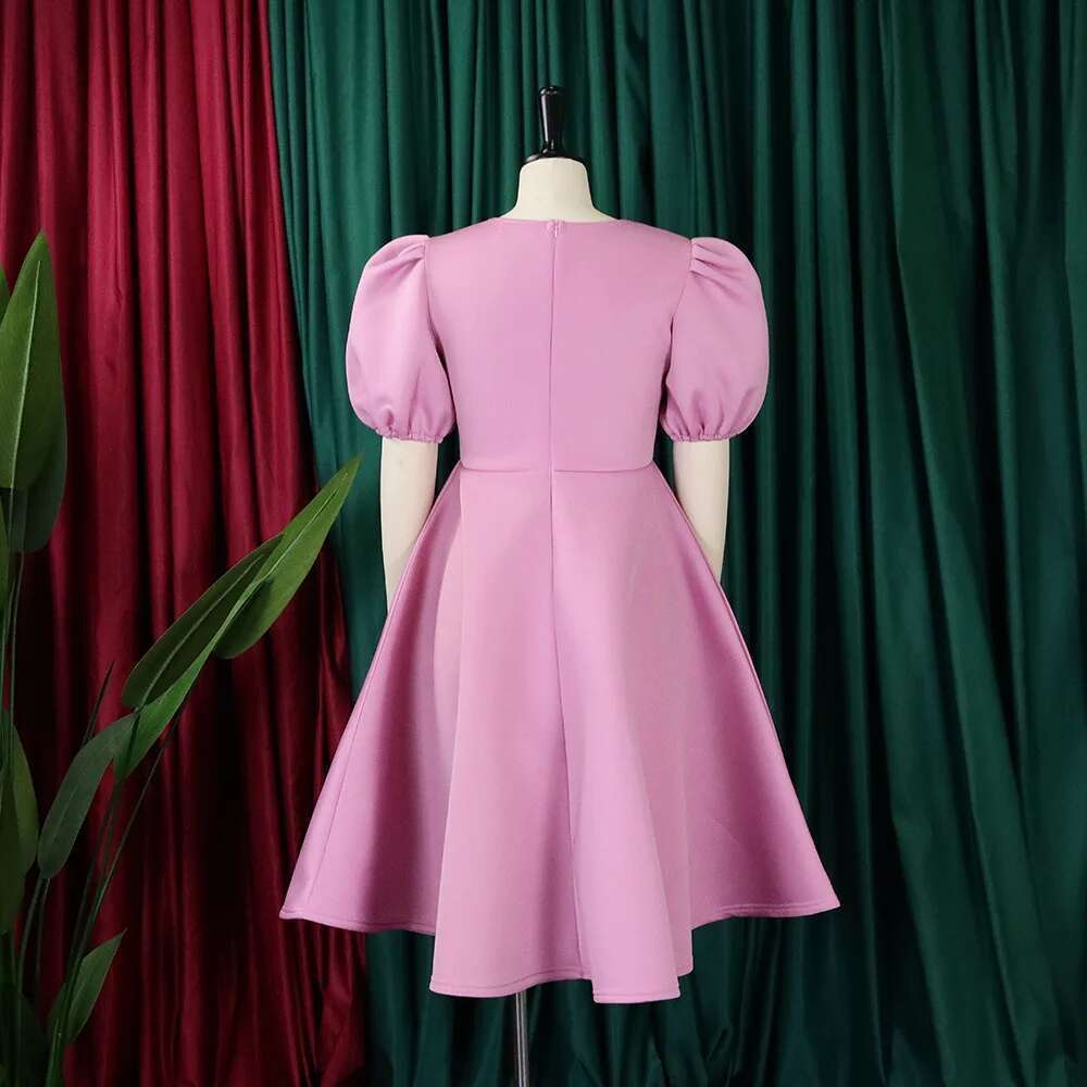 Elegant Dresses For Woman 2024 O Neck Short Sleeve High Waisted Pleated Mid Calf Female Birthday Party Dinner Vestidos
